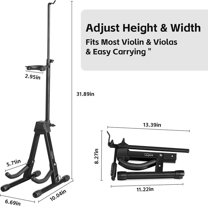 Augioth New Upgraded Anti-Tipping Design in Violin Stand with Bow Holder. Adjustable height, non-slip base, and protective head lock. Foldable and portable design for violins, violas, mandolins, and ukuleles.（Gray） - Image 5